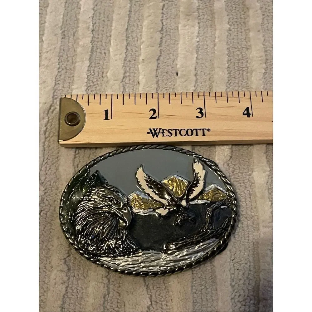 Vintage 1989 Intricate American Bald Eagle Belt Buckle Colorful Made in USA